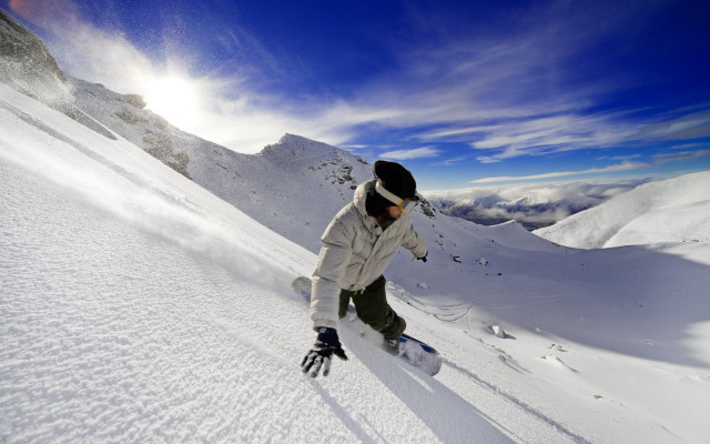 Snowboarder mountains sky clouds winter free wallpaper for desktop - medium preview image