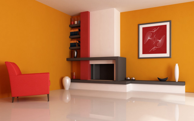 Living room red chair fireplace free wallpaper for desktop - medium preview image