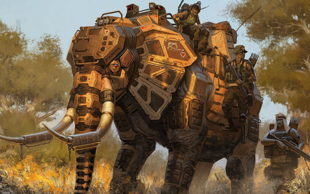 Elephant riders mecha afrofuturism outdoors free wallpaper for desktop - medium preview image