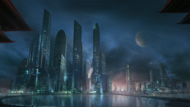 Futuristic city night moon matte free wallpaper for desktop - medium preview image