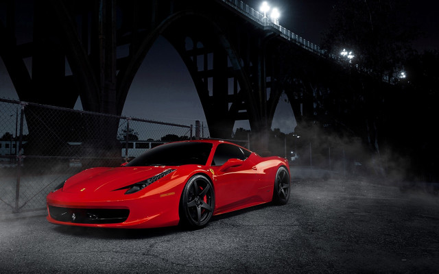 Red sports car bridge night free wallpaper for desktop - medium preview image