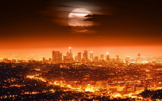 City skyline fullmoon orange sky free wallpaper for desktop - medium preview image