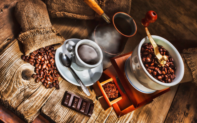 Coffee cups coffee beans spoon free wallpaper for desktop - medium preview image