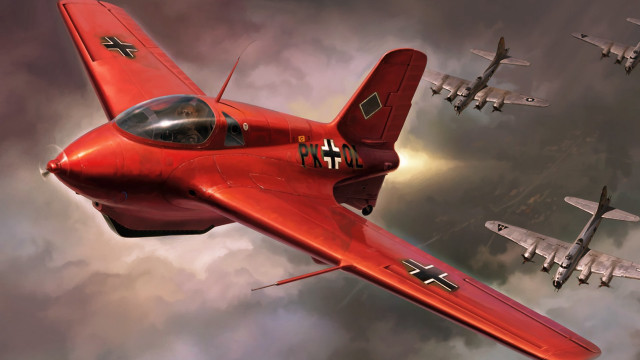 Red fighter plane formation cloudy free wallpaper for desktop - medium preview image