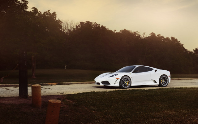 White sports car forest sunset free wallpaper for desktop - medium preview image