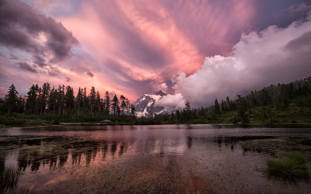 Lake mountain forest sunset clouds free wallpaper for desktop - medium preview image