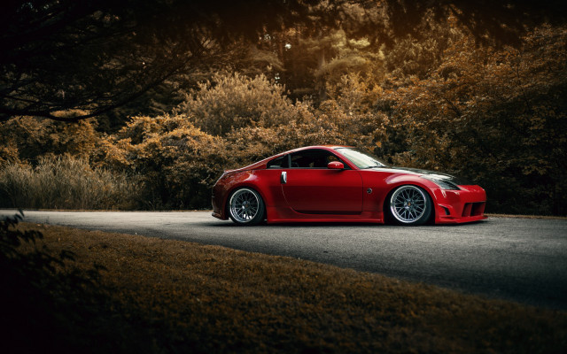 Red sports car night woods free wallpaper for desktop - medium preview image
