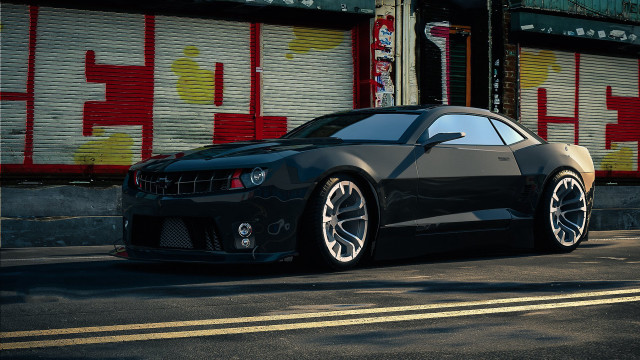 Black sports car graffiti building free wallpaper for desktop - medium preview image
