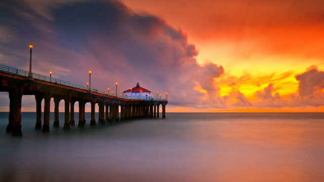 Pier lighthouse sunset clouds matte free wallpaper for desktop - medium preview image