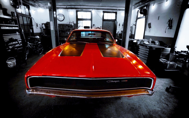 Red car garage man doorway free wallpaper for desktop - medium preview image