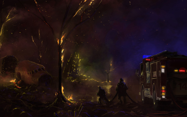 Fire truck fireman hydrant night free wallpaper for desktop - medium preview image