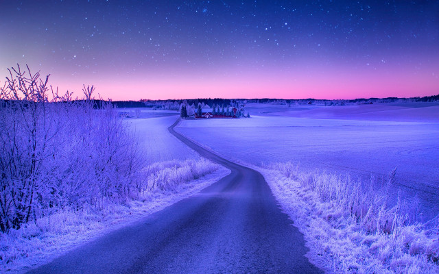 Snowy road house night stars free wallpaper for desktop - medium preview image