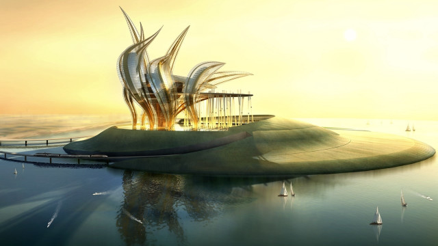 Futuristic building water dock aviation free wallpaper for desktop - medium preview image