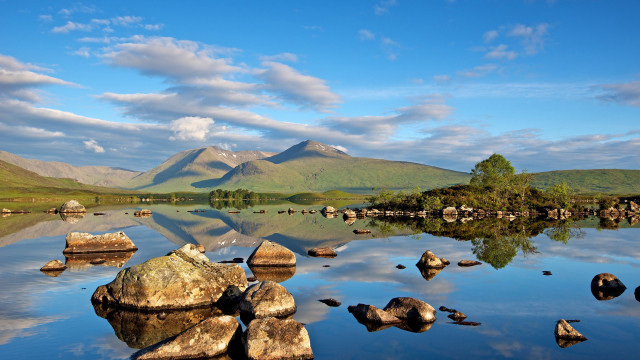 Lake rocks mountains clouds blue free wallpaper for desktop - medium preview image