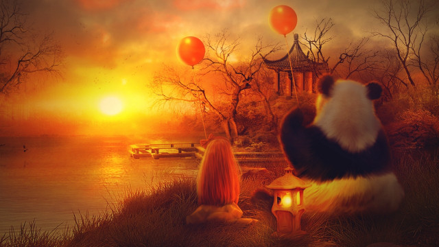 Panda bench lake balloons autumn free wallpaper for desktop - medium preview image