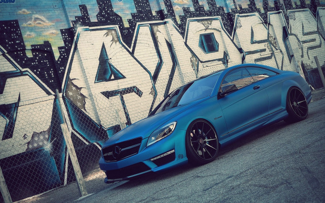 Blue mercedes benz coupe graffiti free wallpaper for desktop - medium preview image