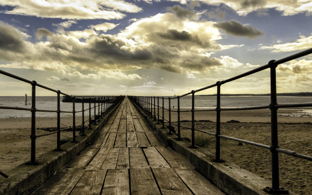 Wooden walkway ocean cloudy sky free wallpaper for desktop - medium preview image