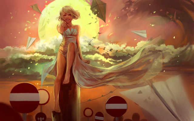 Woman sunset kite beachball blonde free wallpaper for desktop - medium preview image