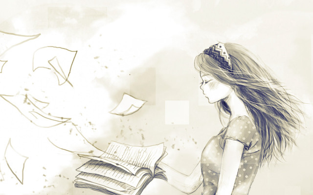 Girl reading bird flying storybook free wallpaper for desktop - medium preview image