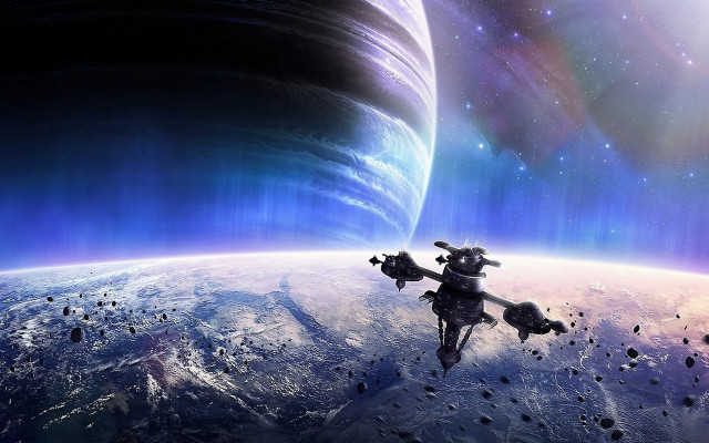 Space station planet starry sky free wallpaper for desktop - medium preview image