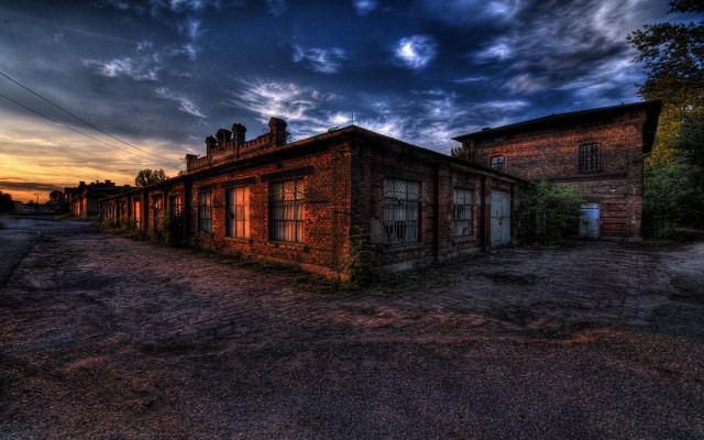 Dilapidated building sunset moon cityscape free wallpaper for desktop - medium preview image