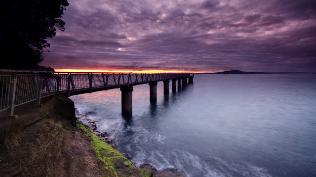 Pier sunset purple sky ocean free wallpaper for desktop - medium preview image
