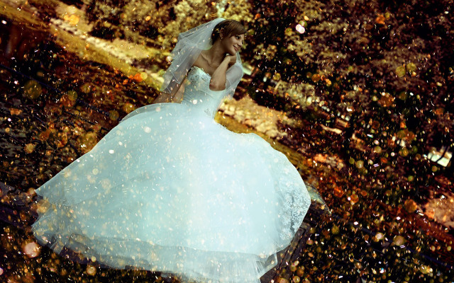 Wedding dress woman rain leaves free wallpaper for desktop - medium preview image