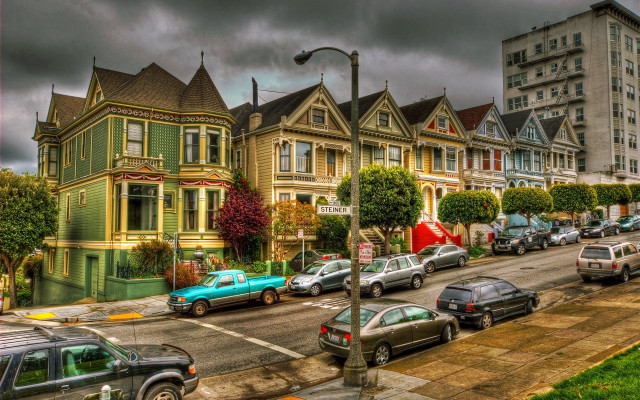 Street cars houses sky urban free wallpaper for desktop - medium preview image