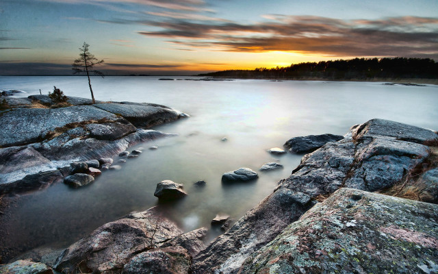 Sunset lake rocks trees mountains free wallpaper for desktop - medium preview image