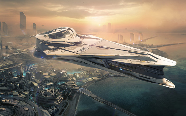 Futuristic ship ocean city sunset free wallpaper for desktop - medium preview image