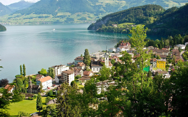 Town lake mountains forest city free wallpaper for desktop - medium preview image