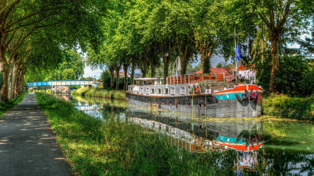 Boat river path bridge trees free wallpaper for desktop - medium preview image