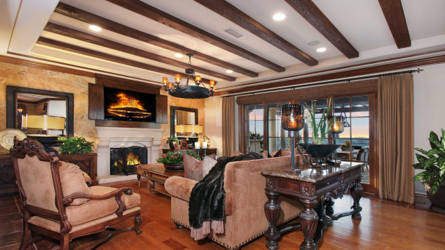 Living room fireplace ocean view free wallpaper for desktop - medium preview image