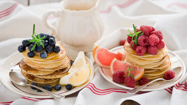 Pancakes berries cream milk plate free wallpaper for desktop - medium preview image