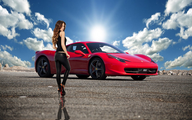 Woman red sports car clouds free wallpaper for desktop - medium preview image