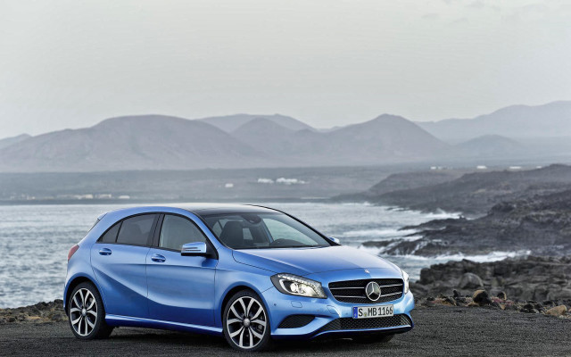 Blue mercedes beach ocean mountains free wallpaper for desktop - medium preview image