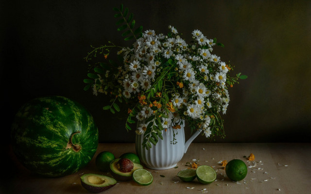 Vase flowers fruit table watermelon free wallpaper for desktop - medium preview image