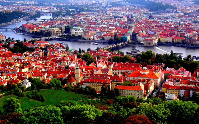 City river bridge redroofs aerial free wallpaper for desktop - medium preview image