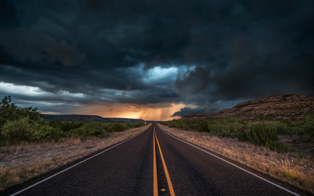 Stormy road clouds yellow line free wallpaper for desktop - medium preview image