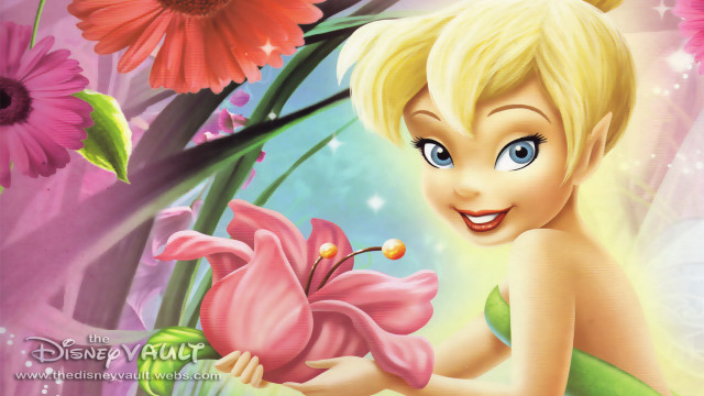 Tinkerbell holding flower smiling cartoon free wallpaper for desktop - medium preview image