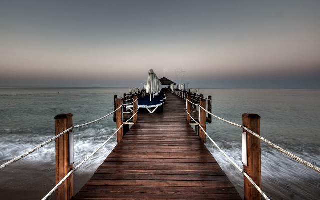 Pier chairs boat dusk ocean free wallpaper for desktop - medium preview image