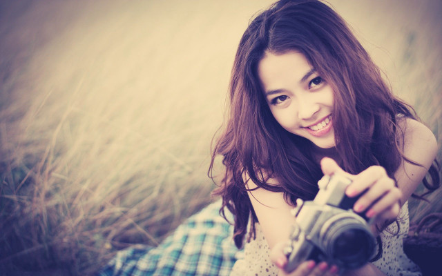 Woman smiling camera field plaid free wallpaper for desktop - medium preview image