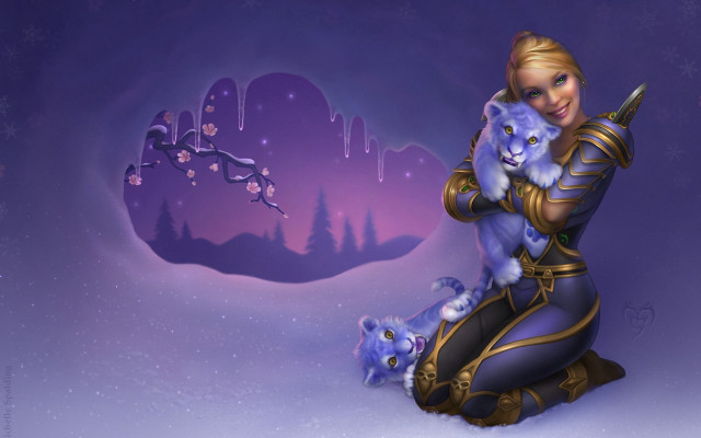 Woman cat snow purple background free wallpaper for desktop - medium preview image