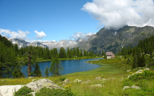 Small cabin lake mountains pine free wallpaper for desktop - medium preview image
