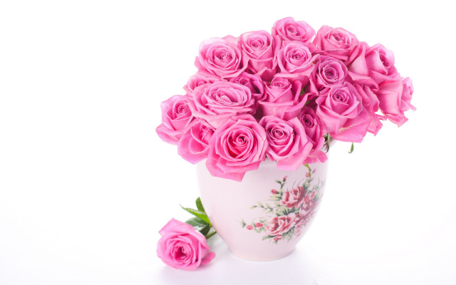 White vase pink roses bouquet free wallpaper for desktop - medium preview image