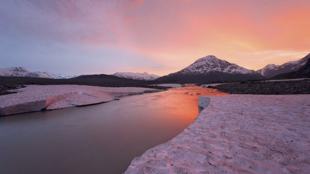 River snow mountains sunset pink free wallpaper for desktop - medium preview image
