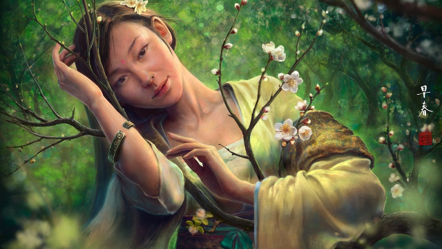 Woman branch flowers bird kimono free wallpaper for desktop - medium preview image