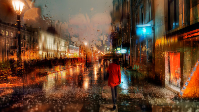Night street umbrella cityscape fire free wallpaper for desktop - medium preview image