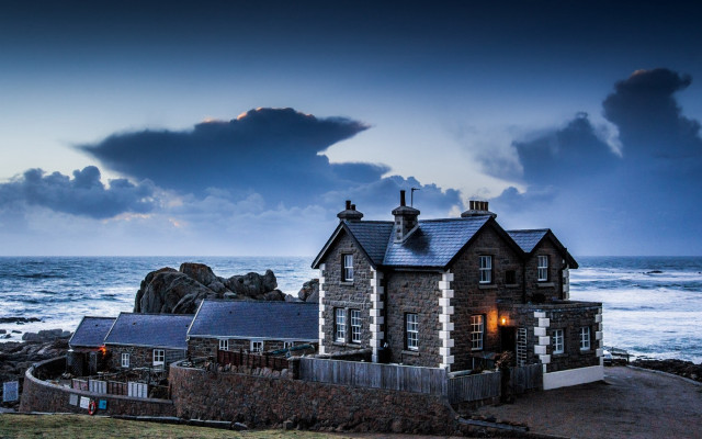 House rocky shore cloudy sky free wallpaper for desktop - medium preview image