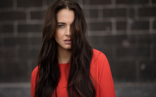 Woman longhair redshirt brickwall barbizon free wallpaper for desktop - medium preview image